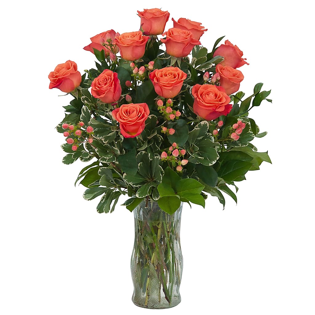 Orange Roses and Berries Vase